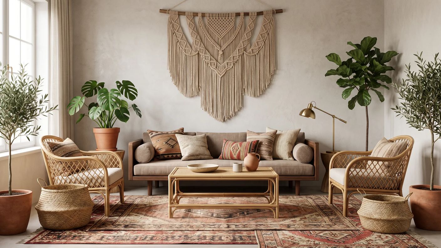 Boho salon: rattan ve hasır mobilya, kilim dokuma halılar, makrome ve doğal liflerle kontrollü toprak paletinde sıcak eklektik bir mekan