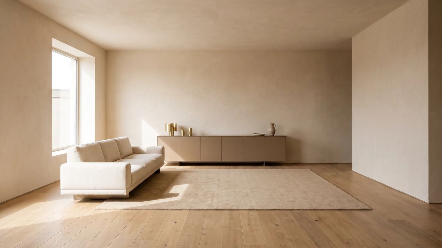 Minimalist salon: az sayıda ölçülü parça, mat lake yüzeyler, açık meşe zemin ve geniş boşlukla sakin bir iç mekan