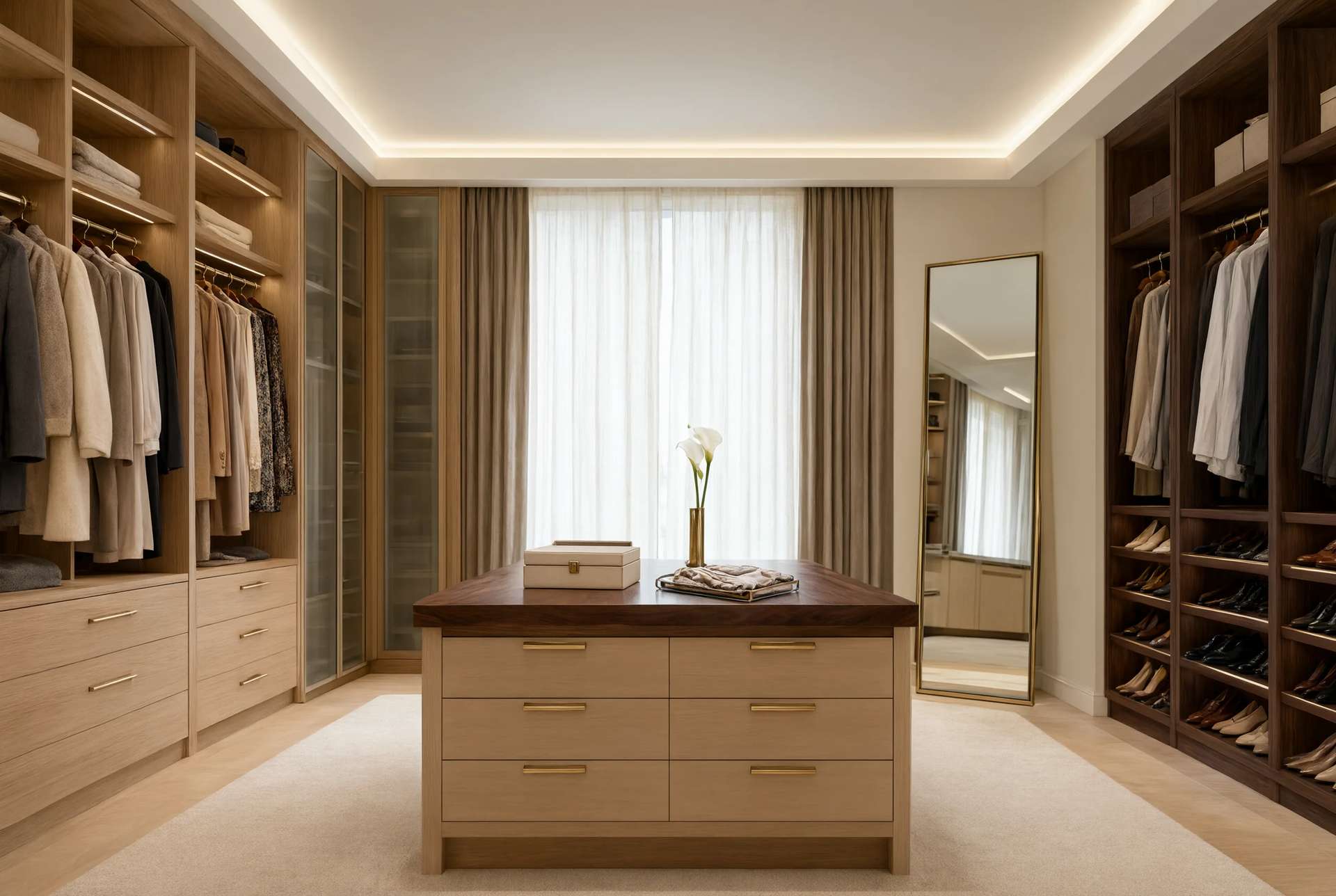 walk-in closet dressing room with solid oak island, custom made in Istanbul