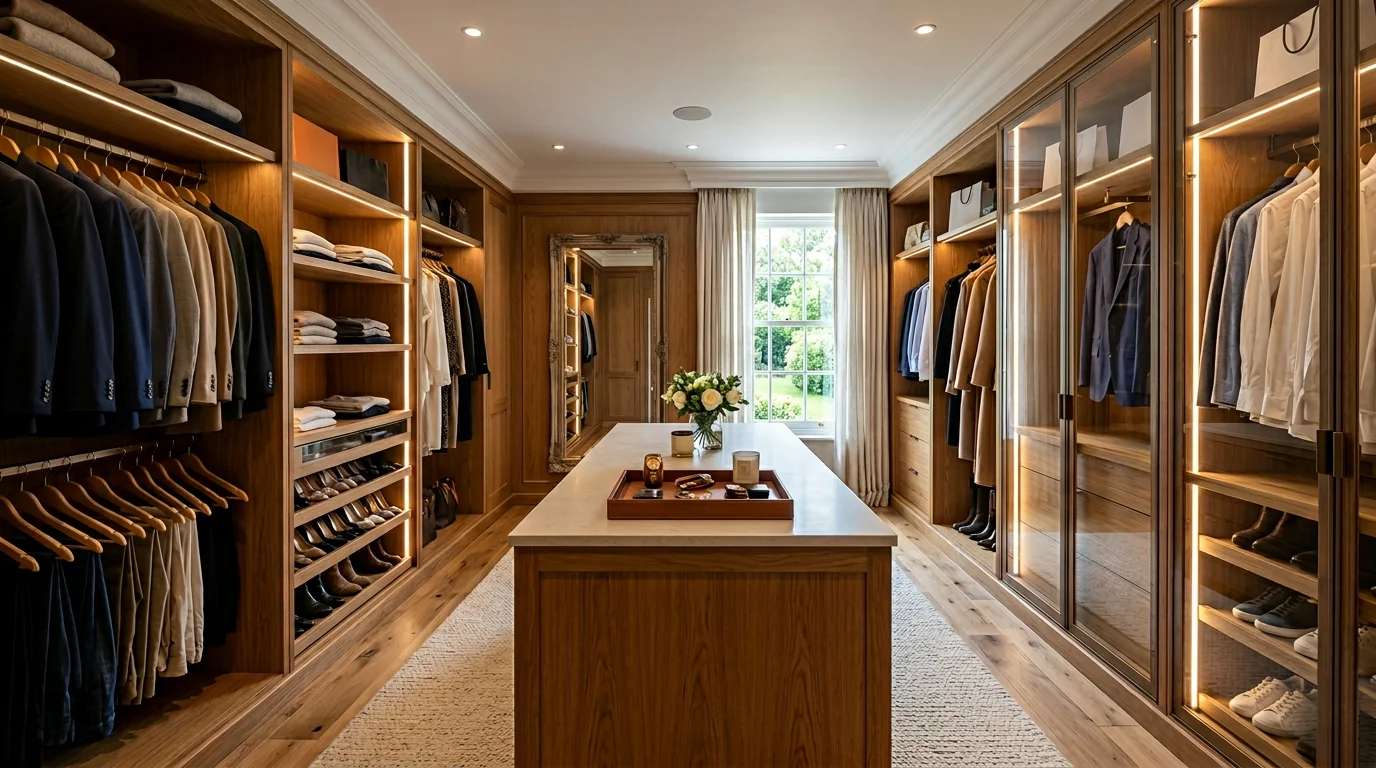 walk-in closet dressing room wide view with glass display and island, custom made in Istanbul