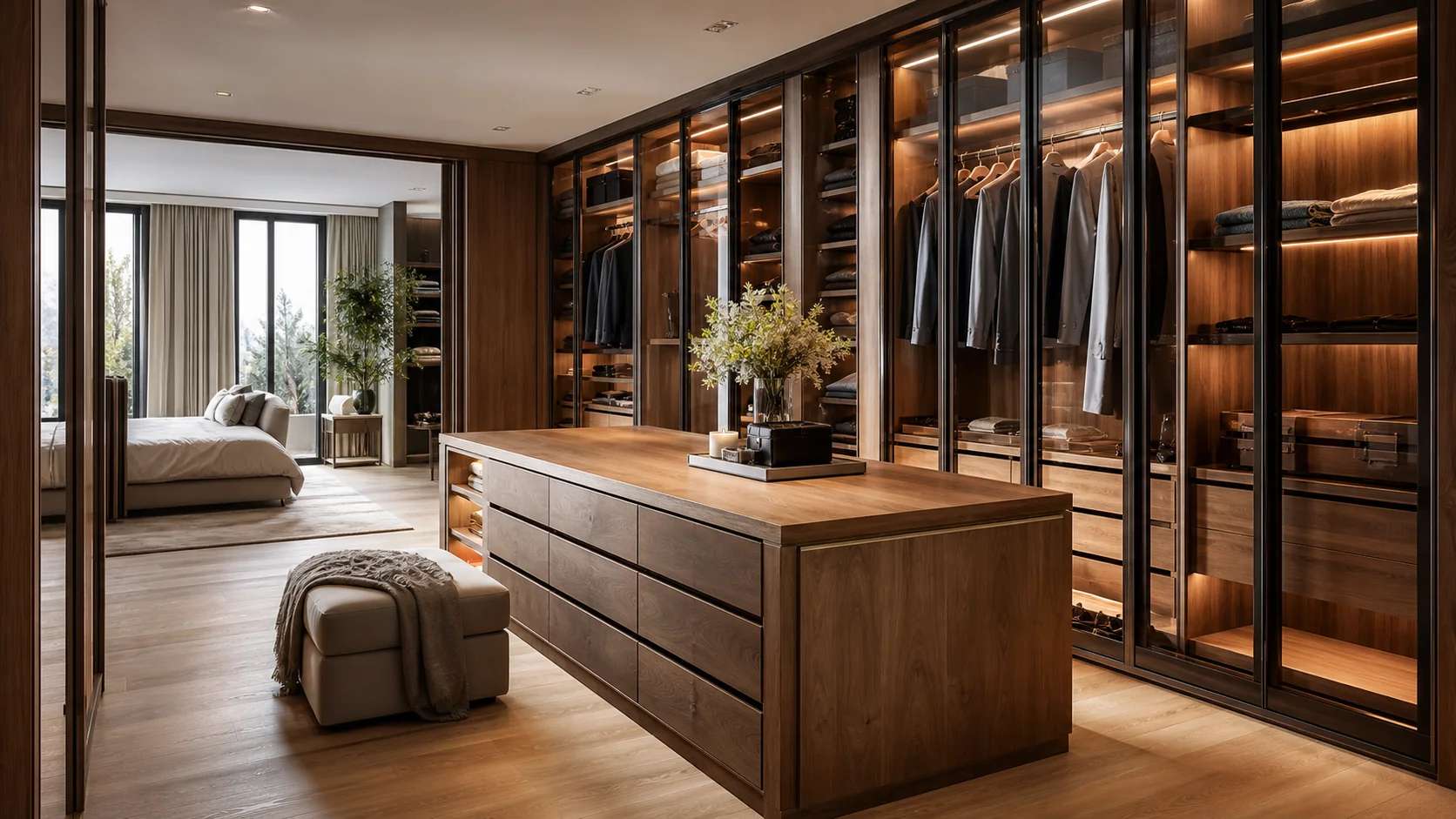 walk-in closet dressing room with glass display and bedroom connection, custom made in Istanbul