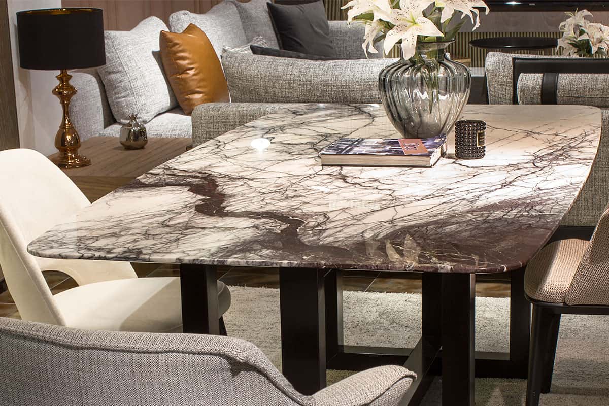 Another view of the Point Lilac Marble Table dining table, made to order by Archidecors