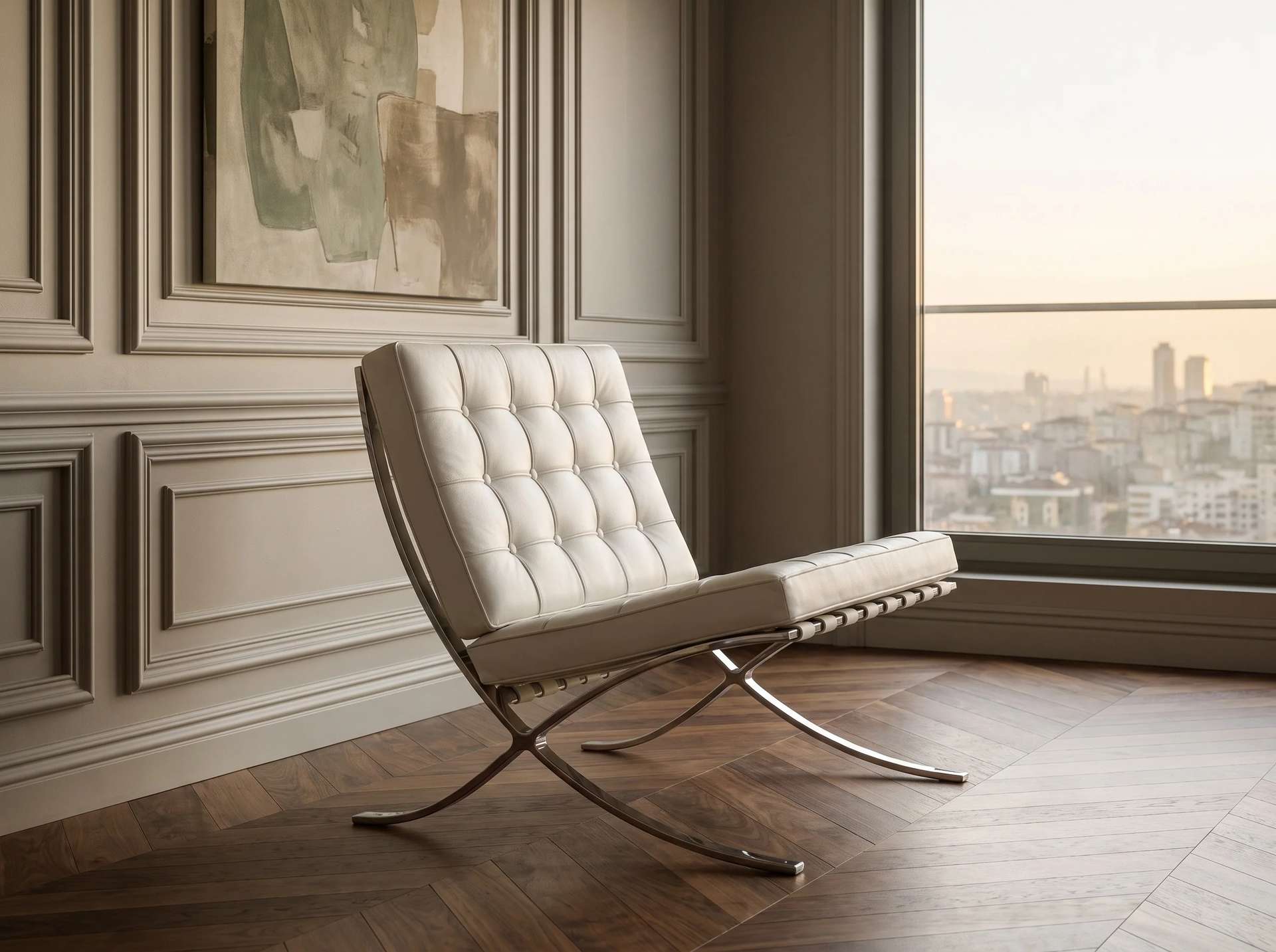 Barcelona chair çizgisinde kapitone lounge berjer, kare kapitone beyaz minderler ve parlak metal çapraz iskelet, boiserie duvarlı, balıksırtı parkeli salonda