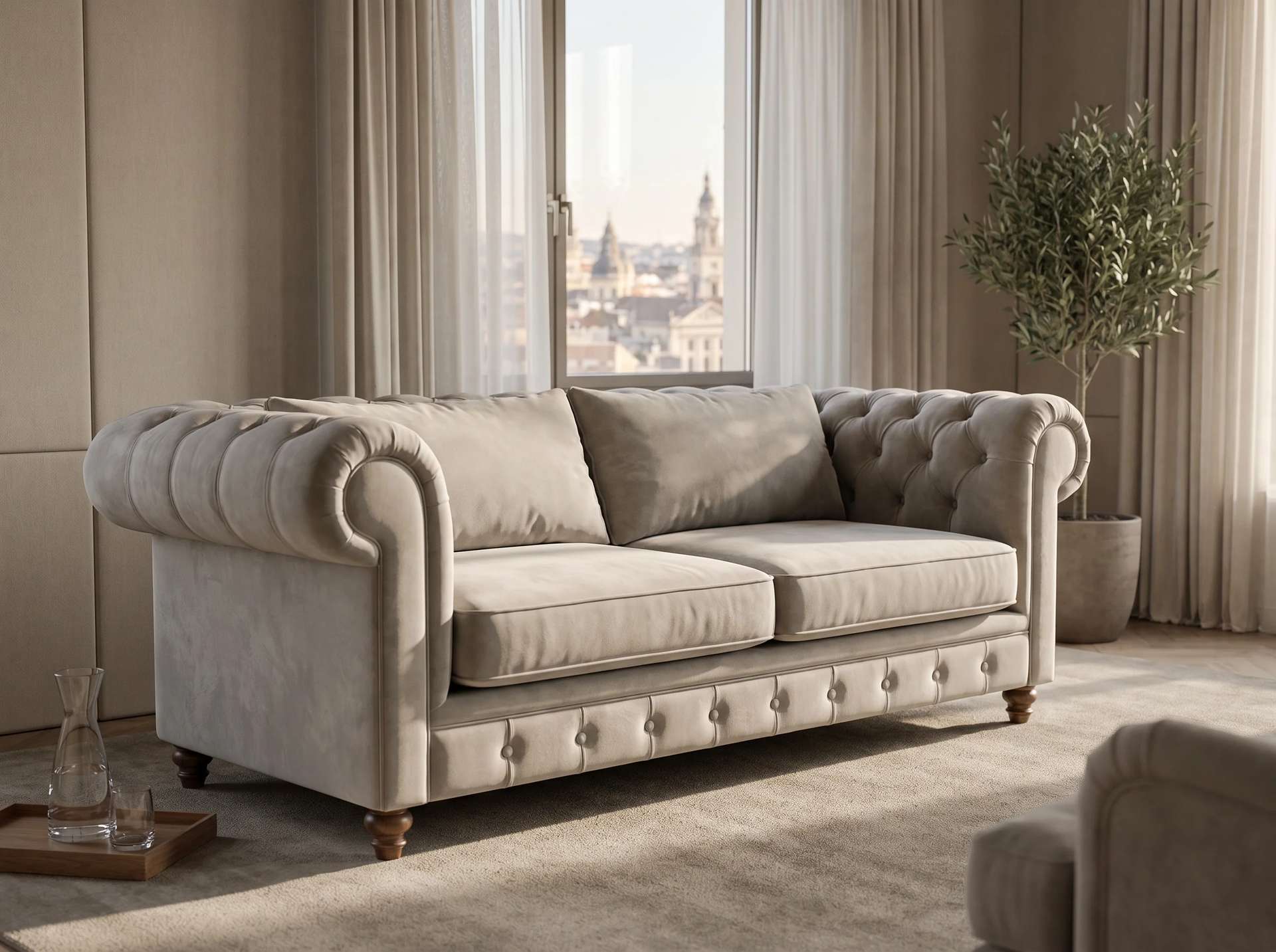 Chesterfield 2 Koltuk, açık gri-bej kadife ikili Chesterfield, derin kapitone düğmeli kollar ve sırt, otel süiti salonunda