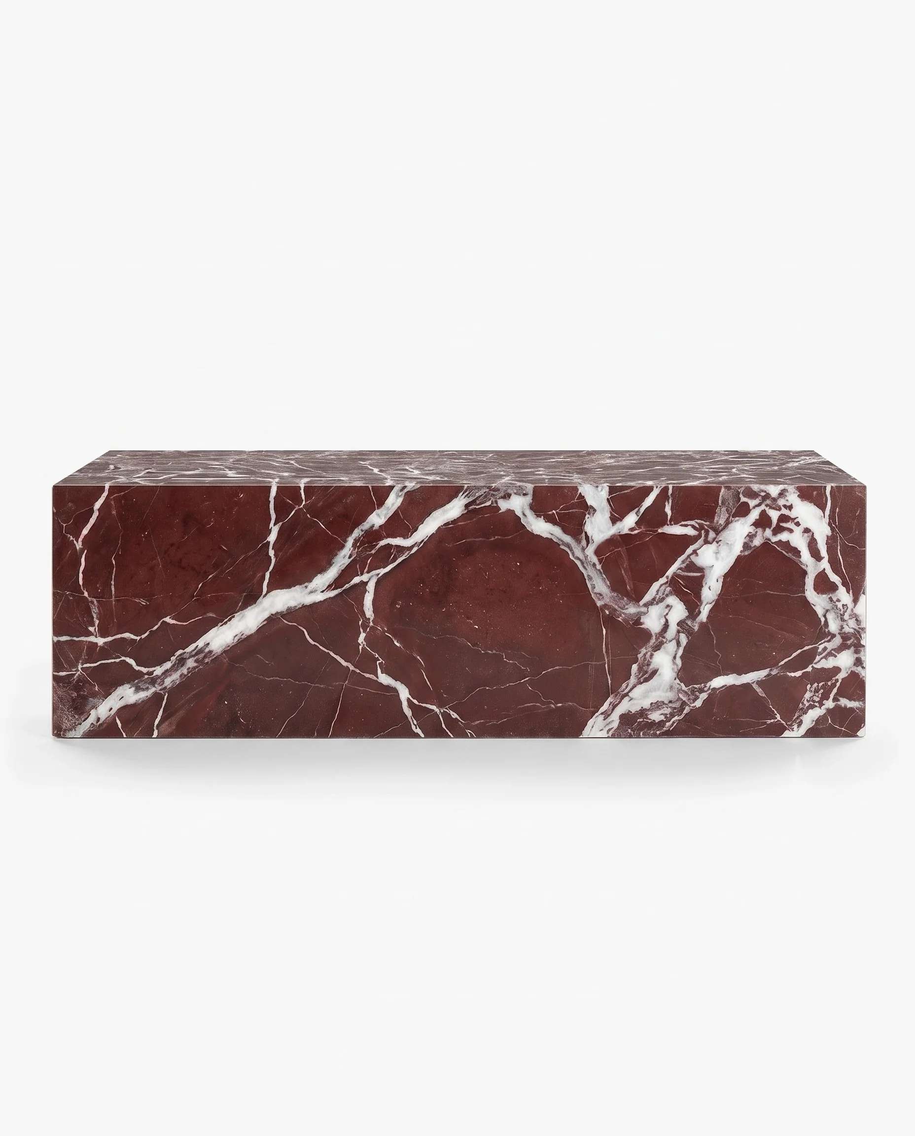 Rosso Levanto marble plinth coffee table, burgundy marble block with white veining, light background