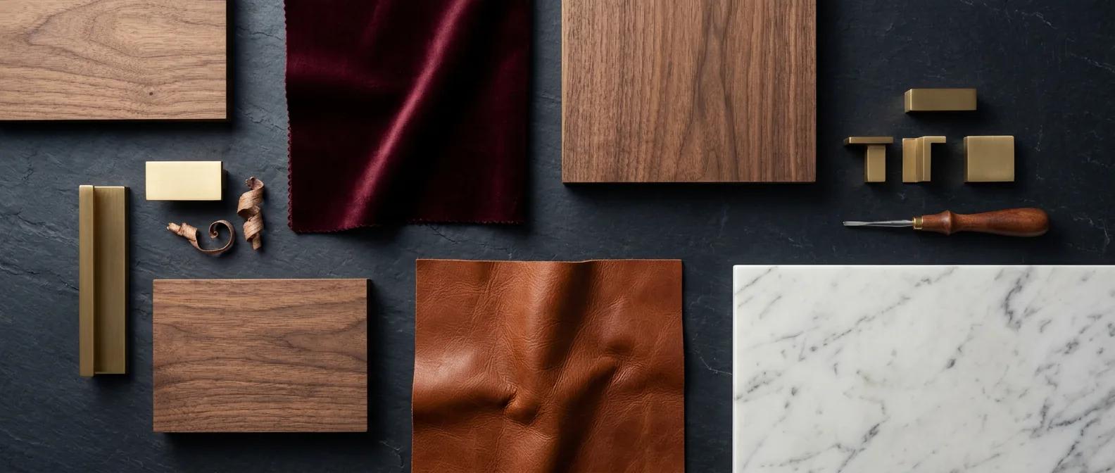 Archidecors malzeme koleksiyonu, doğal ahşap, mermer, pirinç