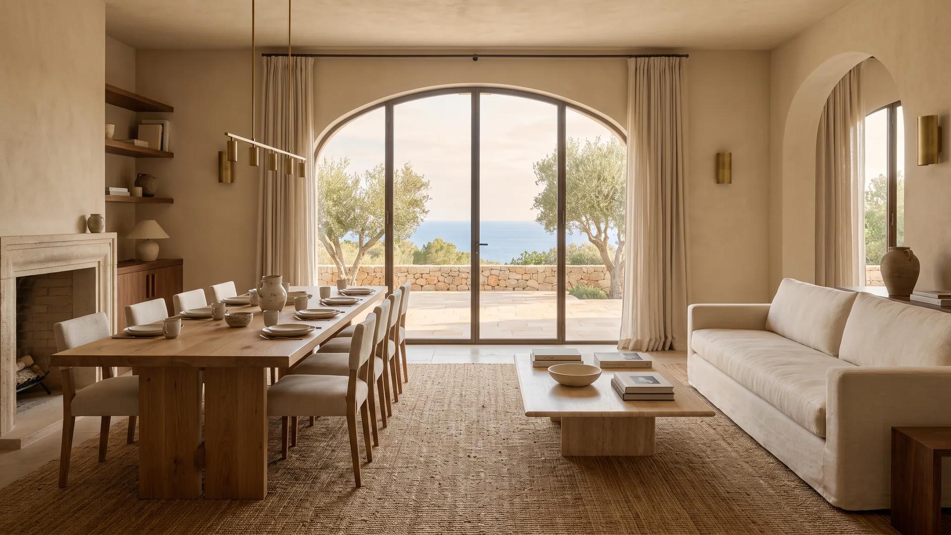Mediterranean villa living and dining space with an oak dining table and travertine coffee table opening onto a terrace