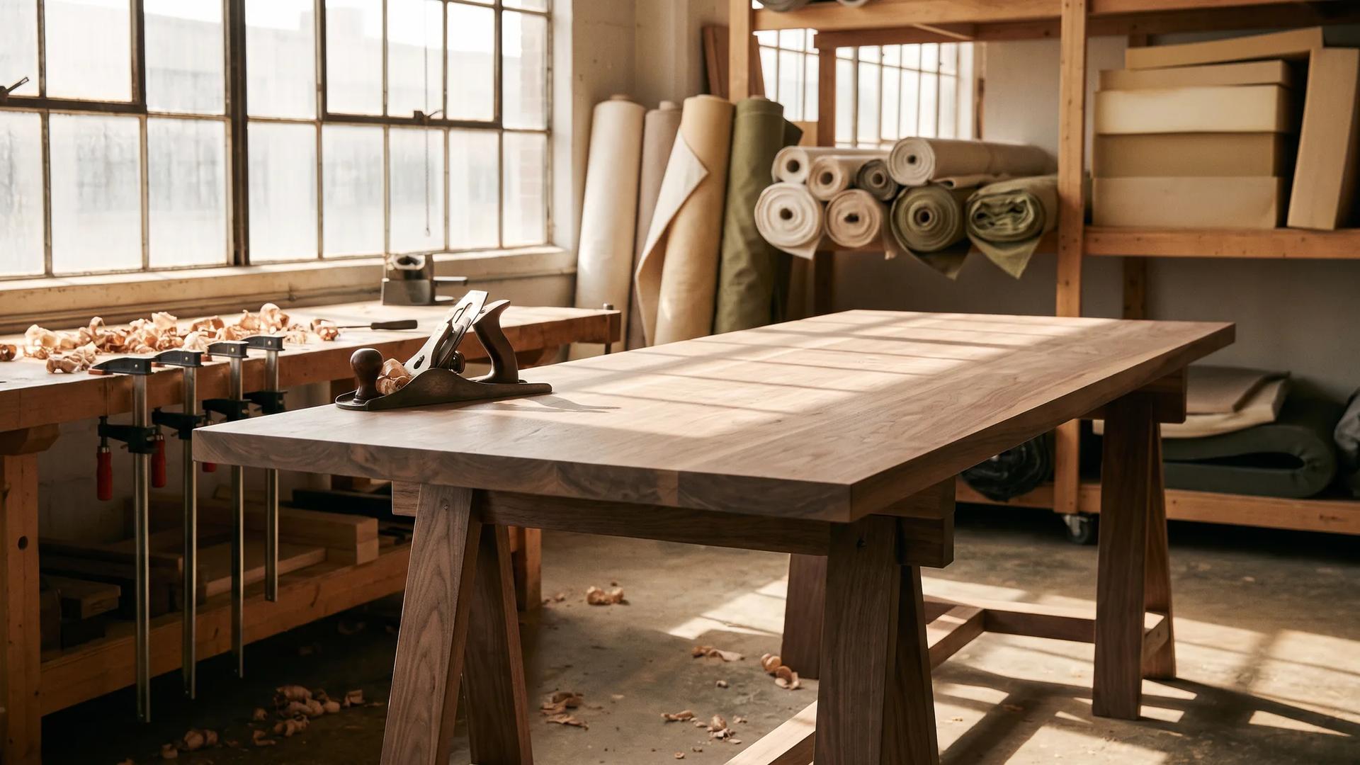 Freshly planed solid walnut tabletop on trestles in a furniture factory, with contract fabric bolts behind