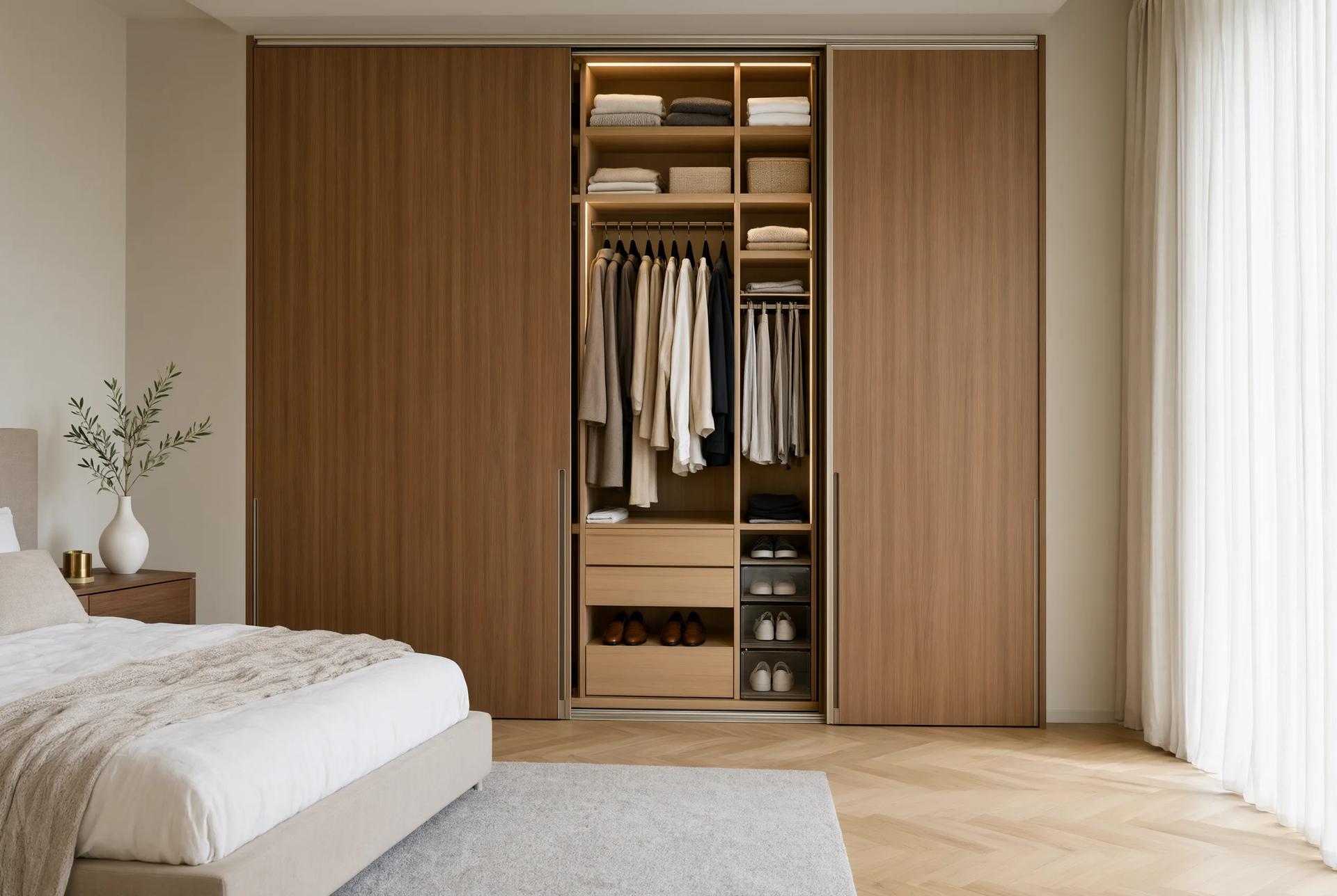 Sliding-Door Solid Wood Wardrobe, masif ahşap + soft-close sürgü ray, custom made furniture by Archidecors Istanbul