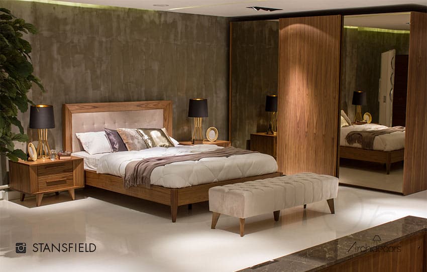 Stansfield Yatak Odası, masif ceviz + kumaş döşeme, Archidecors özel üretim mobilya