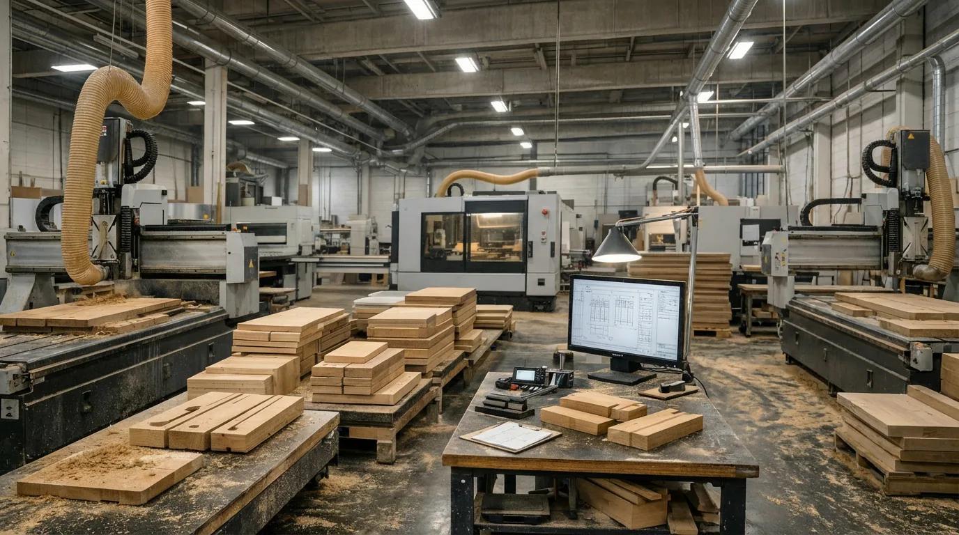 Mobilya üretim salonu: CNC tezgâhları, kesilmiş ahşap istifleri ve ekranda teknik çizim