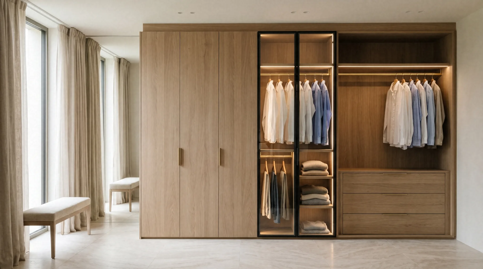 Floor-to-ceiling ArchiCloset wardrobe wall: oak veneer doors, clear glass section with lit shelves and open hanging with drawers