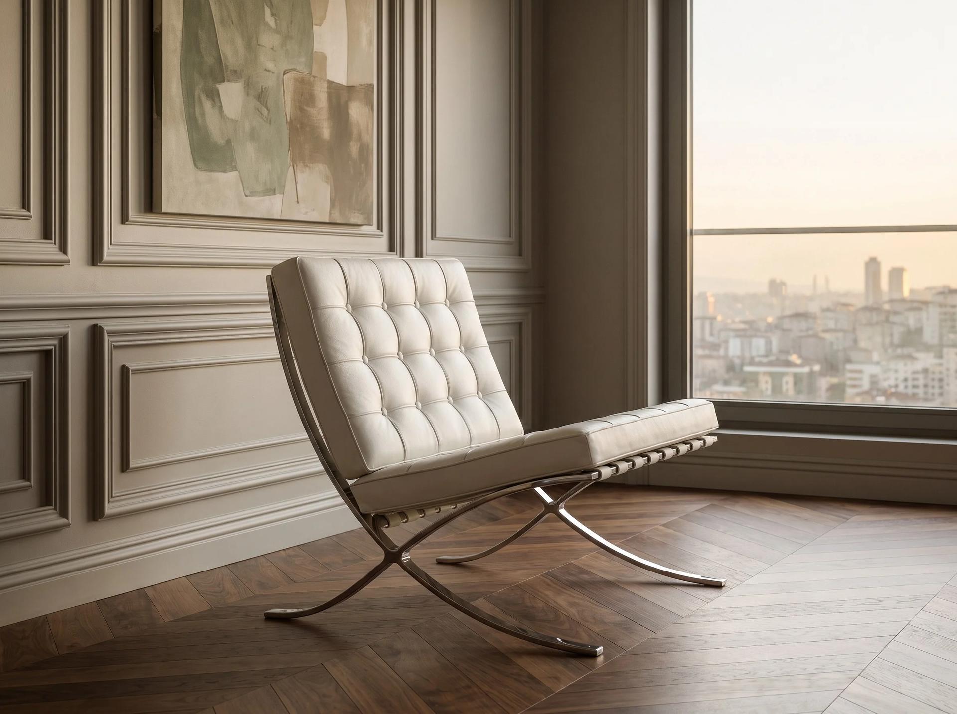 Barcelona chair çizgisinde kapitone lounge berjer, kare kapitone beyaz minderler ve parlak metal çapraz iskelet, boiserie duvarlı, balıksırtı parkeli salonda