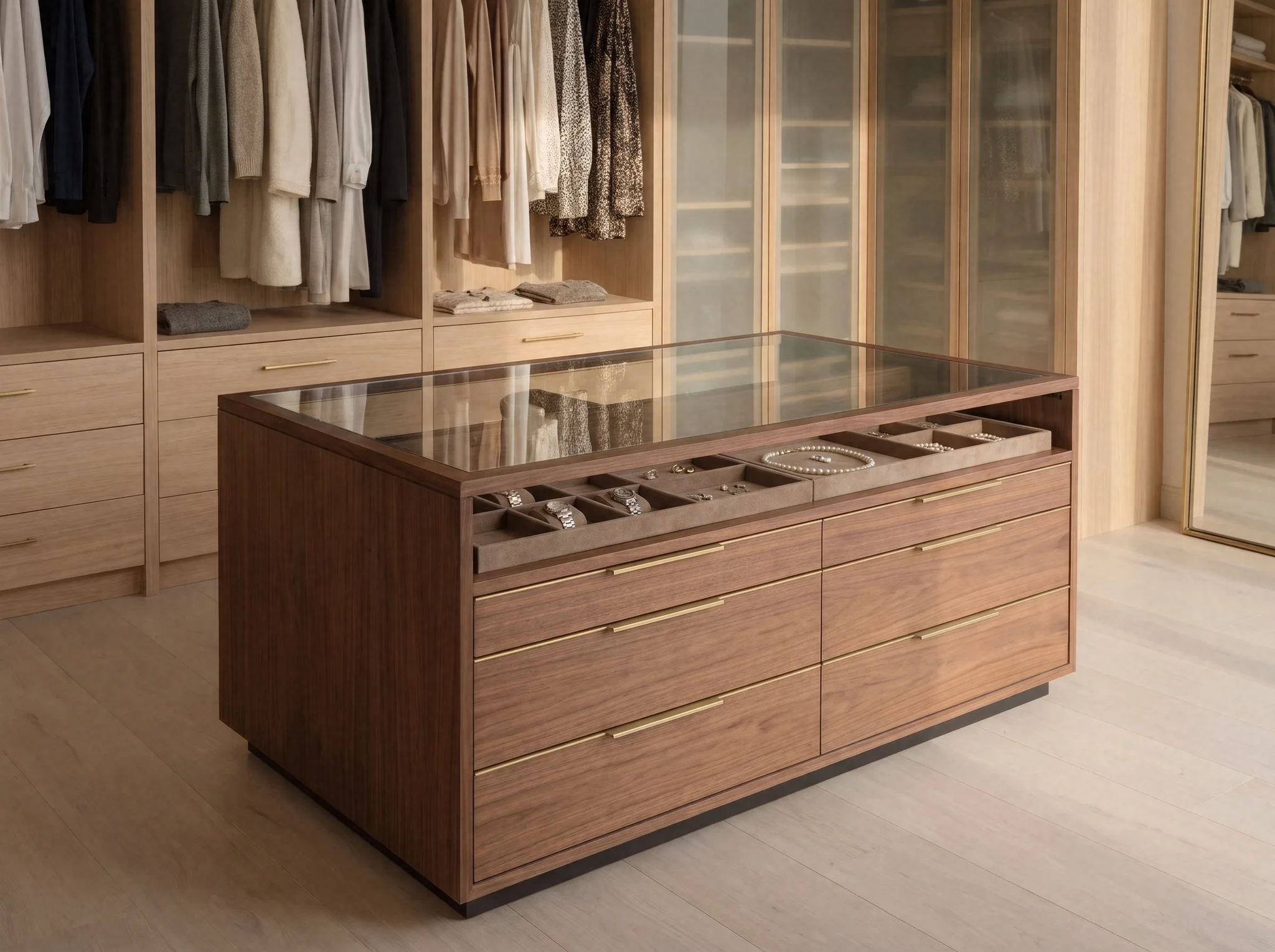 Walnut closet island with a glass top and drawers in the middle of a dressing room