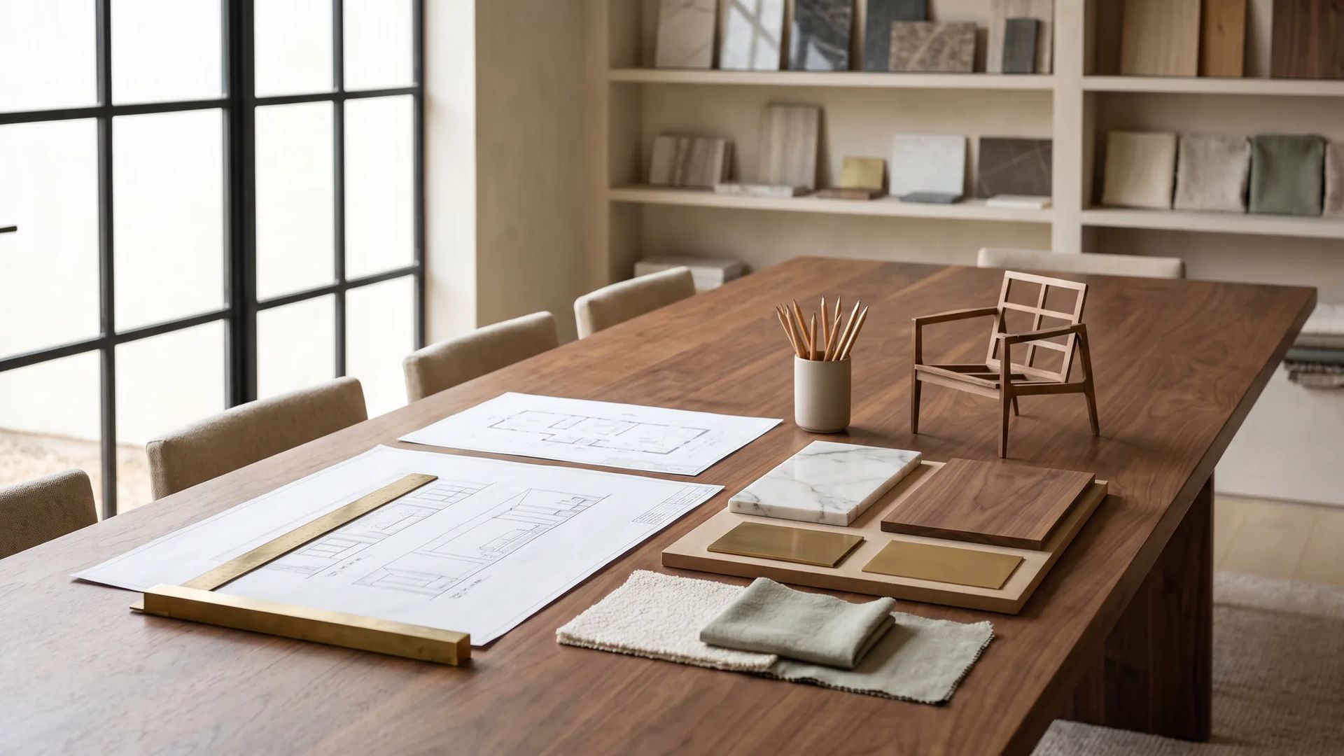 Interior architect presentation table: elevation drawings, floor plan, marble, walnut veneer, brass and fabric samples on a walnut table