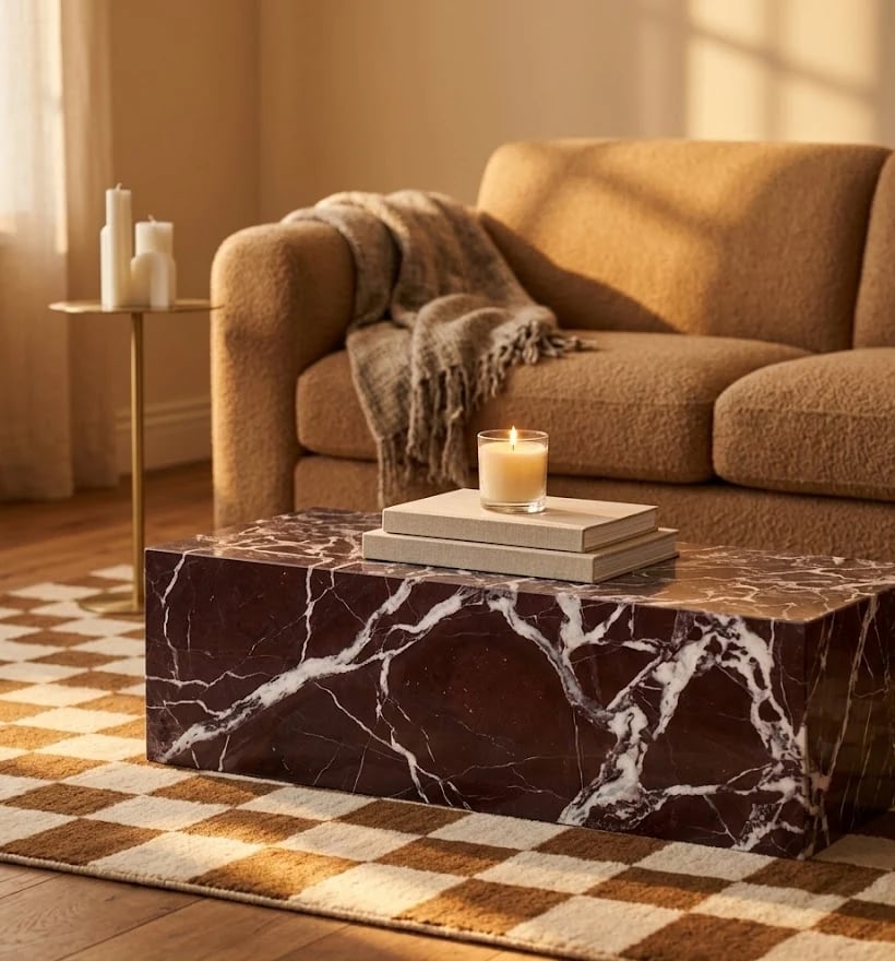 Rosso Levanto Marble Plinth Coffee Table, general view of the custom coffee table by Archidecors, Modoko Istanbul