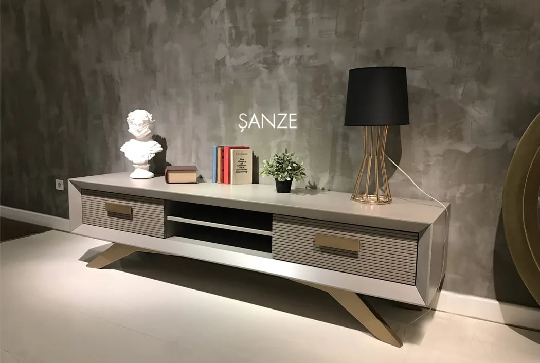 Gold TV Unit TV unit seen from another angle, handcrafted by Archidecors, Modoko Istanbul