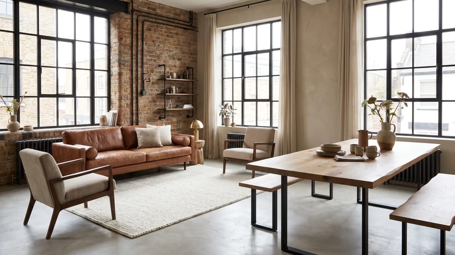 Endüstriyel loft: açık tuğla duvar, siyah metal borular, ham ahşap, beton efekt yüzeyler ve fabrika pencereleriyle karakterli bir mekan