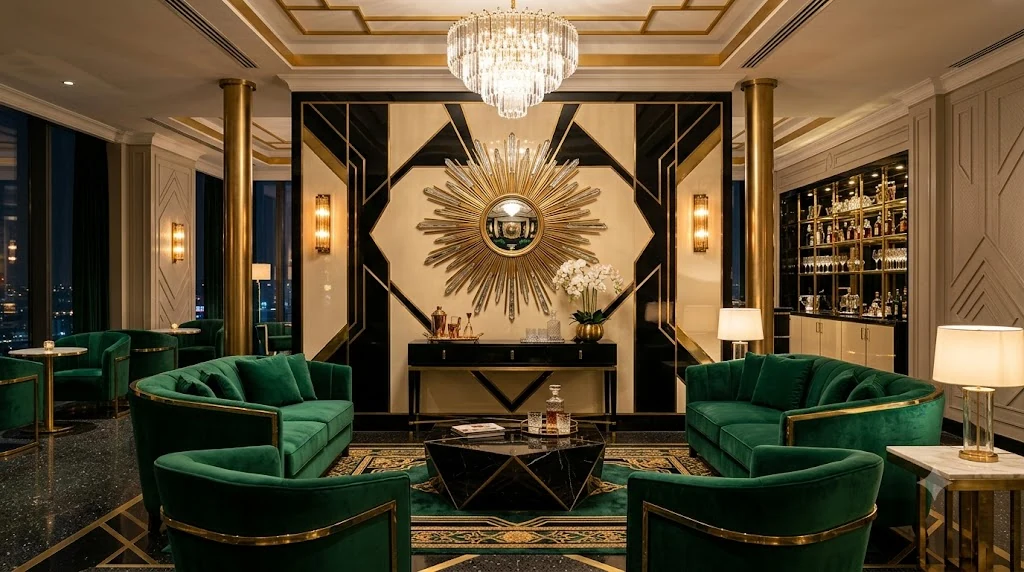 Art Deco oturma alanı: pirinç detaylar, parlak lake yüzeyler, zümrüt kadife döşeme, mermer sehpalar ve geometrik desenlerle 1920'ler zarafeti
