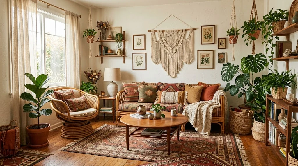 Boho salon: rattan ve hasır mobilya, kilim dokuma halılar, makrome ve doğal liflerle kontrollü toprak paletinde sıcak eklektik bir mekan