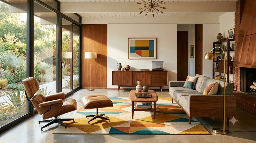 Mid-Century Modern salon: konik ayaklı ceviz ve teak mobilya, deri berjer, füme cam ve geometrik halı ile 1950'ler estetiği