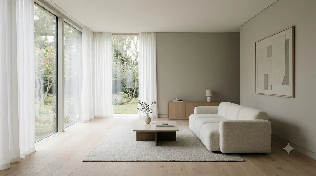 Minimalist salon: az ama kusursuz parçalar, mat lake yüzeyler, açık meşe zemin ve geniş boşlukla sakin bir iç mekan
