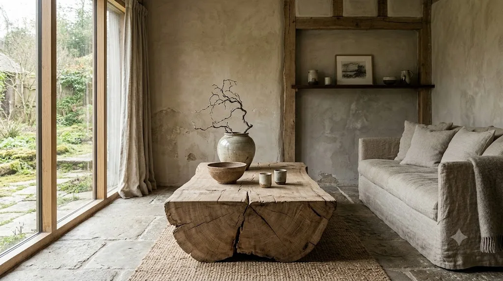 Wabi-sabi oturma alanı: ham masif ahşap kütük sehpa, kireç sıva duvarlar, el yapımı seramikler ve keten döşemeyle kusurun güzelliği