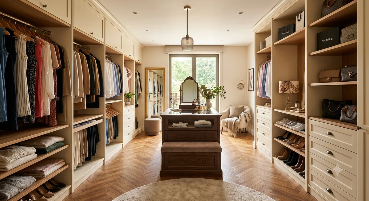 Finished U-shaped walk-in closet with a marble-top walnut island, herringbone floor, full-length mirror and facing cabinetry