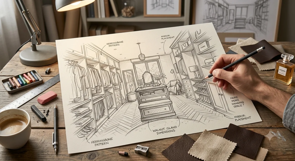 Walk-in closet design sketch with notes on island drawers, mirror placement, herringbone floor and dimensions