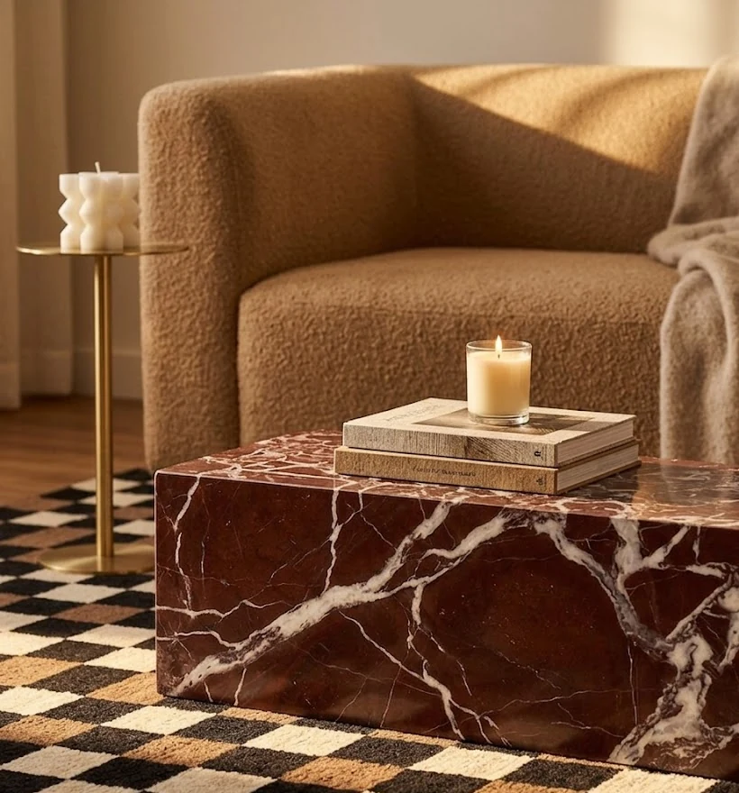 Rosso Levanto marble coffee table on a checkerboard wool rug in an editorial interior scene